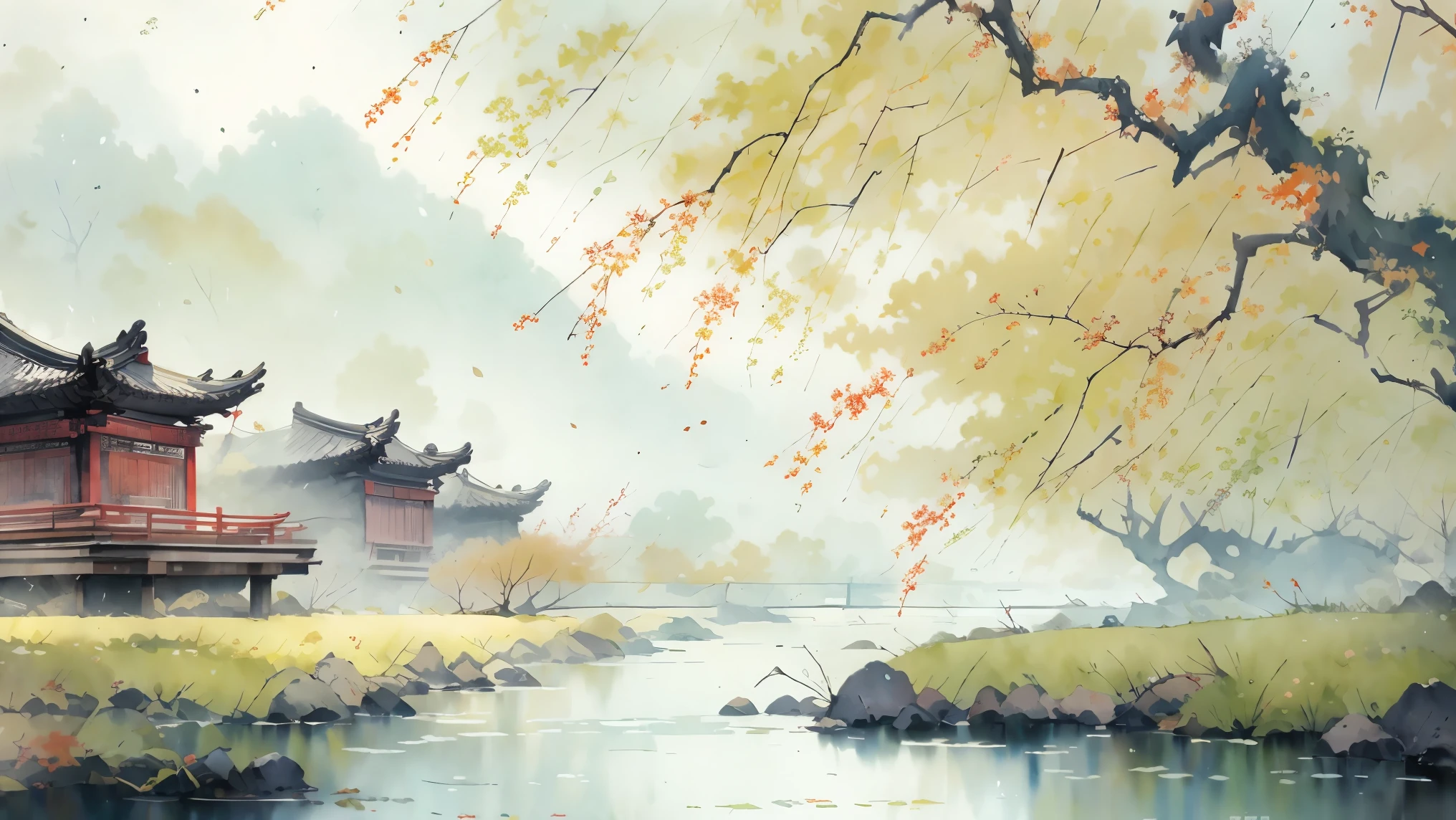 ancient style illustration chinese watercolor landscape painting watercolor river maple leaves autumn chinese landscape bare tree branches day flowers and leaves no humans outdoors overgrown plants landscape tree maple water, masterpiece, recent quality, best details, beauty