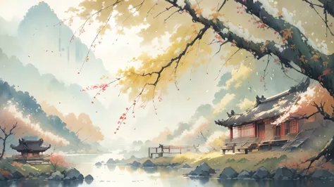 ancient style illustration chinese watercolor landscape painting watercolor river maple leaves autumn chinese landscape bare tre...