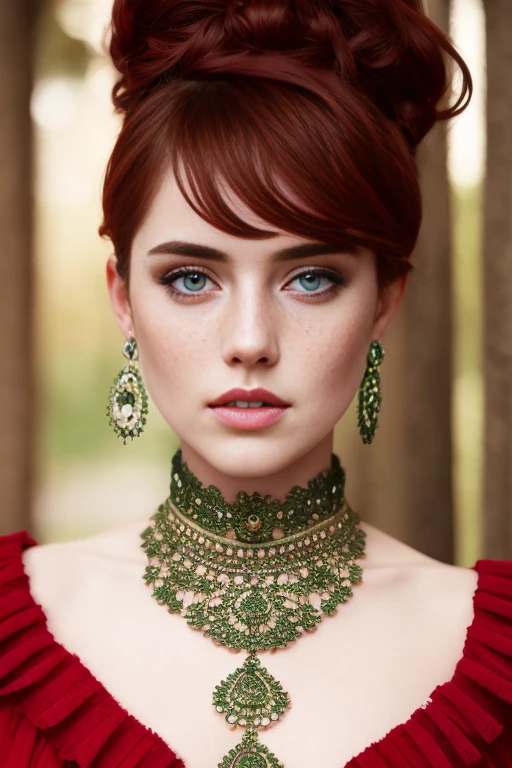 beautiful lady, freckles, dark makeup, hyperdetailed photography, soft light, head and shoulders,  , , extremely detailed, amazing, fine detail,  perfect beautiful woman extremely detailed, extremely symmetrical extreme detailed symmetrical eyes and face, sharp piercing green eyes lumen lighting, detailed clothing, smooth and lean glowing skin, subsurface glow, (goth: 0.8), double bun, bangs, ruffles, skirt, red hair

wearing an oversize knit dress showing her nice rounded breasts , waist up pose , various shot angle 