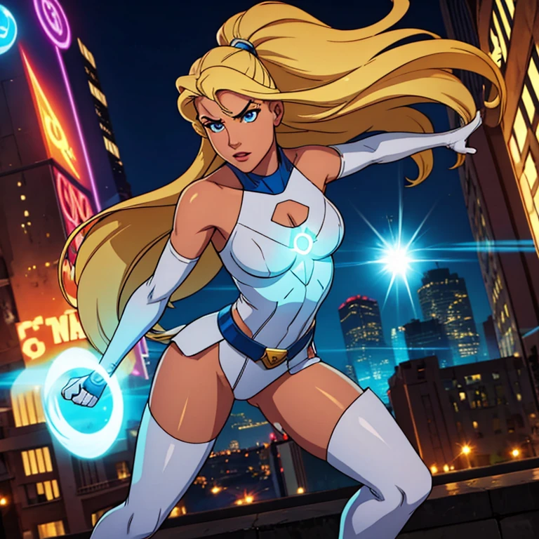 Female superhero, 20s, long dirty blonde hair, white superhero costume, energy manipulation powers, located in city.