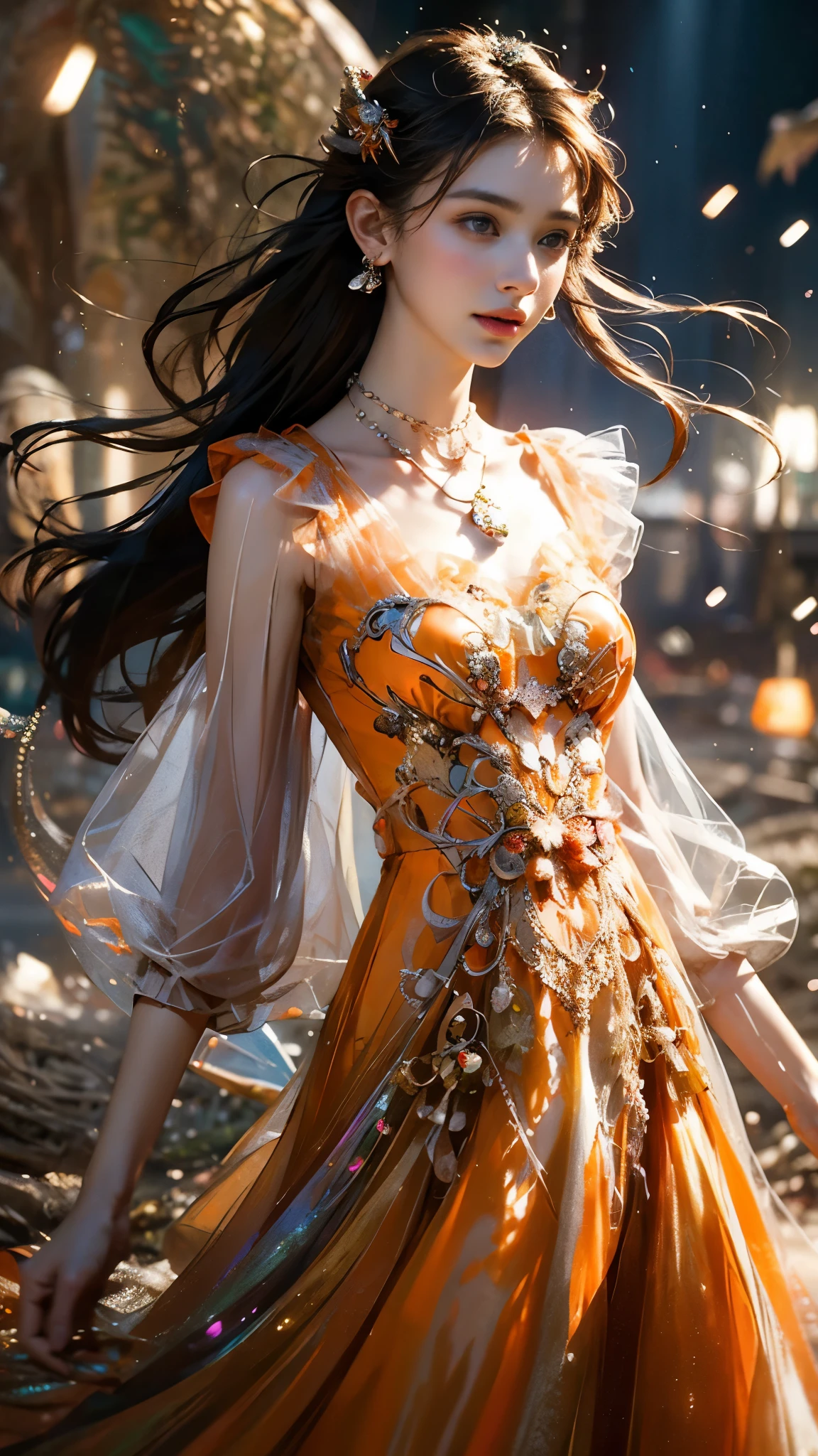 8K, ultra hd, masterpiece, 1 girl, (good face:1.4), detailed eyes, very long hair, impressive hairstyle, earings, necklace, small breasts, (orange dress:1.5), see-through, (fantasy dress:1.5) Light-colored foundation brings out the transparency of the skin, (in the wonderland:1.5), mystery, diwali lights, glowing lights, very decoration, The lights falls like water, perfect front body,