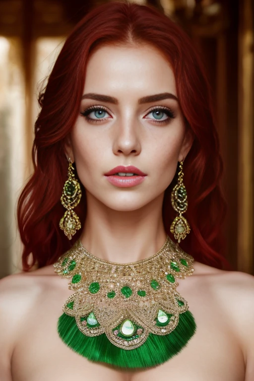 beautiful lady, freckles, dark makeup, hyperdetailed photography, soft light, head and shoulders,  , , extremely detailed, amazing, fine detail,  perfect beautiful woman extremely detailed, extremely symmetrical extreme detailed symmetrical eyes and face, sharp piercing green eyes lumen lighting, detailed clothing, smooth and lean glowing skin, subsurface glow, (goth: 0.8), double bun, skirt, red hair

 her nice rounded breasts , waist up pose , various shot angle 