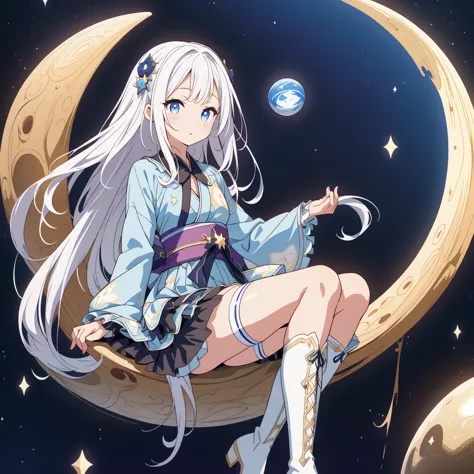 star fairy、(masterpiece, best quality), 1girl, sitting on the crescent moon、「a beautifully printed galaxy patterned kimono and g...