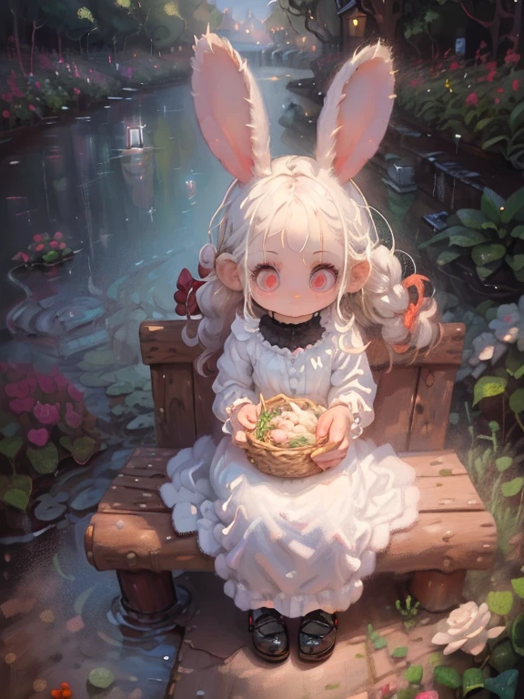 1female\((chibi:1.5),cute,kawaii,small kid,(white hair:1.4),(very long hair:1.6),bangs,(ear\(fluffy,white,rabbit-ear\):1.4),red eye,big eye,beautiful shiny eye,skin color white,big hairbow,(white frilled dress:1.3),breast,cute rabbit pose\),background\(some roses,by the beautiful lake,beautiful sunny day\),quality\(8k,wallpaper of extremely detailed CG unit, ​masterpiece,hight resolution,top-quality,top-quality real texture skin,hyper realisitic,increase the resolution,RAW photos,best qualtiy,highly detailed,the wallpaper,golden ratio\)
