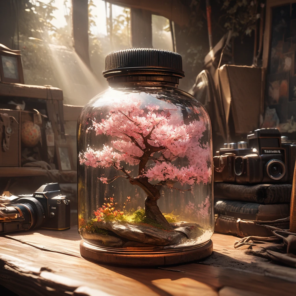 Cherry tree in a bottle, fluffy, actual, Atmospheric light refraction, Photo by Lee Jeffries, Nikon d850 film stock photo 4 kodak portra 400 camera f1.6 guns, rich and colorful, ultra actual actual textures, dramatic lighting, Unreal Engine Trends on artstation cinestill 800, Style-Glass