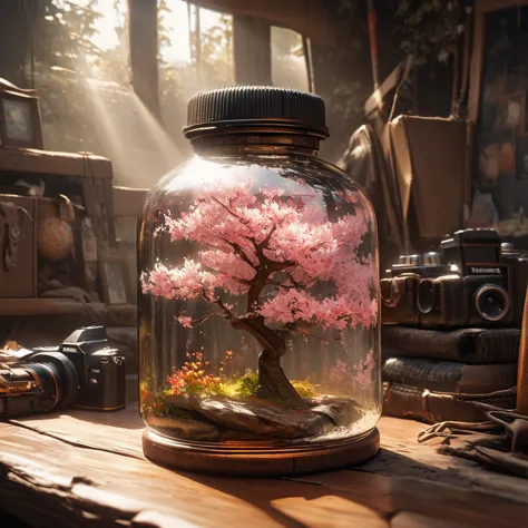 Cherry tree in a bottle, fluffy, actual, Atmospheric light refraction, Photo by Lee Jeffries, Nikon d850 film stock photo 4 koda...