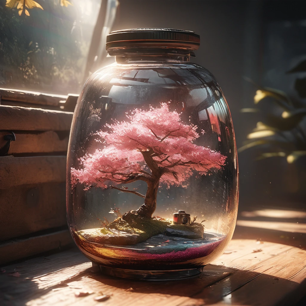 Cherry tree in a bottle, fluffy, actual, Atmospheric light refraction, Photo by Lee Jeffries, Nikon d850 film stock photo 4 kodak portra 400 camera f1.6 guns, rich and colorful, ultra actual actual textures, dramatic lighting, Unreal Engine Trends on artstation cinestill 800, Style-Glass