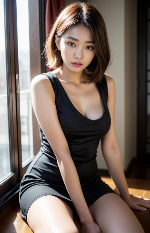 arafed asian woman in a black dress sitting on a window sill, gorgeous young korean woman, beautiful south korean woman, beautiful young korean woman, korean girl, with short hair, korean woman, beautiful asian girl, photo taken with sony a7r, she is wearing a black tank top, wearing a tight black dress, cute elegant pose, beautiful asian woman