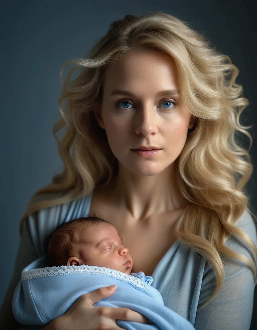 image of a woman with newborn, the woman is 20 years old, the newborn is 3 weeks olds, photo in the photo studio, photo studio lights from left, realistic portrait, artistic lights, beautiful mother, beautiful son, light in the hair, ultra detailed, realistic, light and shade, rembrandt backdrop, gray backdrop, woman and newborn wear light sky blue clothes, smelling, smelling, the woman has very long hair, the woman has blonde hair, the woman has makeup, depth of field, soft colors, chiaroscuro, backlighting, Canon, chiaroscuro, chiaroscuro, backlighting, Canon, 8k, high details, super detail, masterpiece, ccurate, anatomically correct, high details, super detail, masterpiece, ccurate, anatomically correct