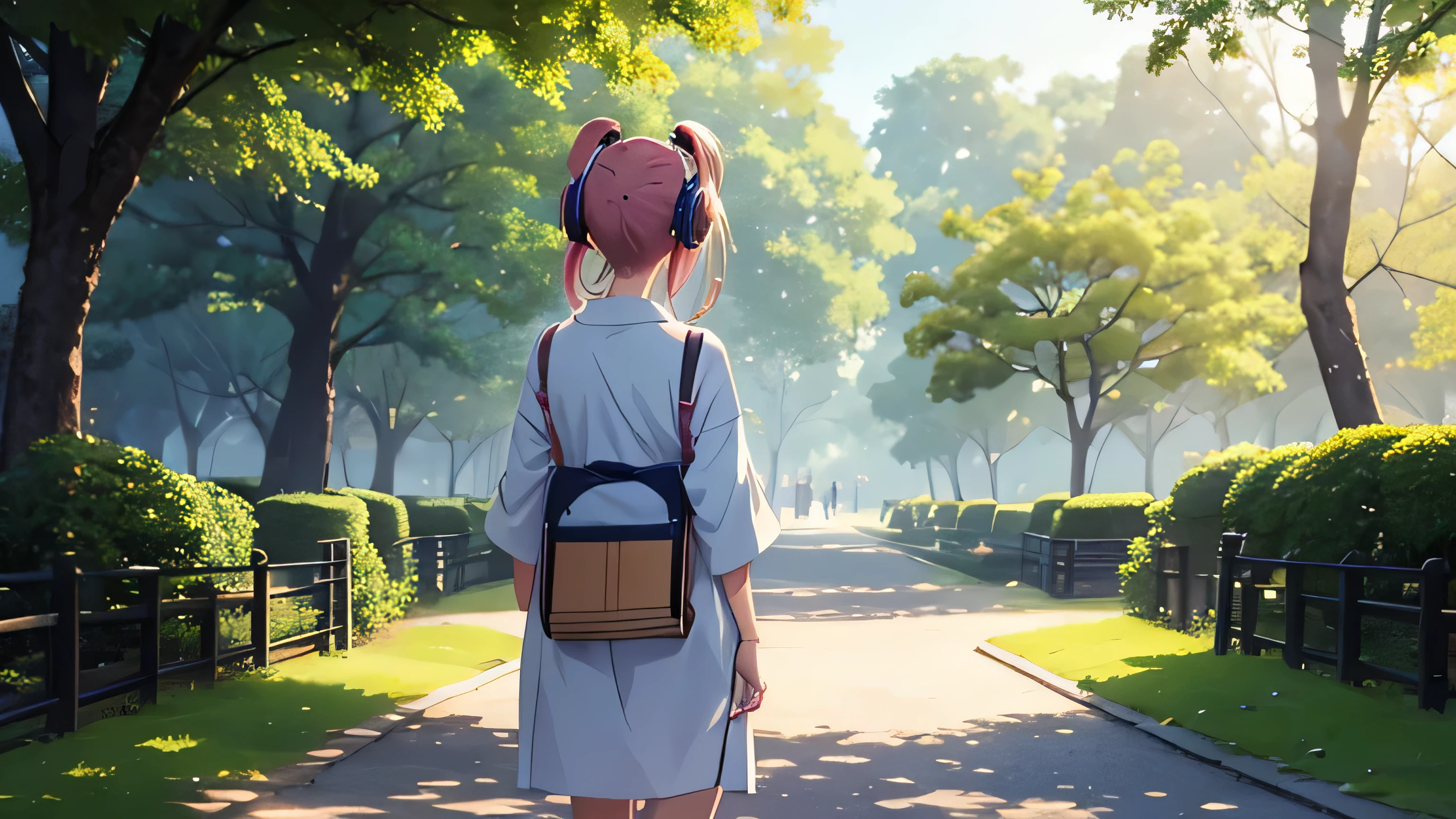 Anime girl walking down a path with headphones on - SeaArt AI