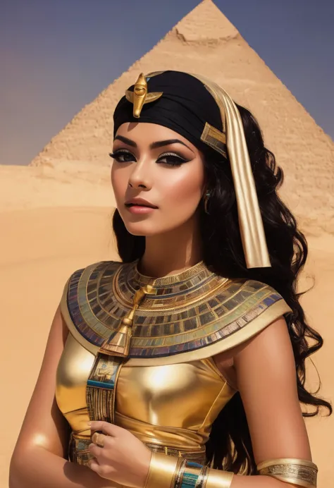 arabian woman in gold costume posing in front of a pyramid, egyptian princess, bastet goddess，egyptian cat goddess, egyptian, an...