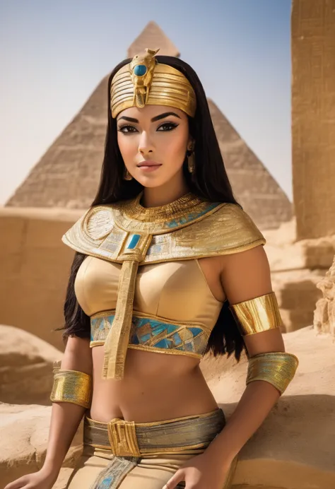 arabian woman in gold costume posing in front of a pyramid, egyptian princess, bastet goddess，egyptian cat goddess, egyptian, an...