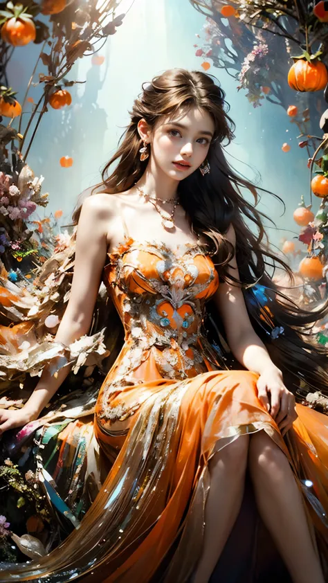 8K, ultra hd, masterpiece, 1 girl, (good face:1.4), detailed eyes, very long hair, impressive hairstyle, earings, necklace, small breasts, (orange dress:1.5), see-through, (fantasy dress:1.5) Light-colored foundation brings out the transparency of the skin...