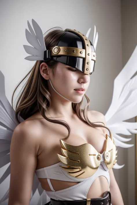 best quality, intricate details,
1girl,  angewomon, winged helmet, helmet over eyes, helmet on, covered eyes,white multiple wing...