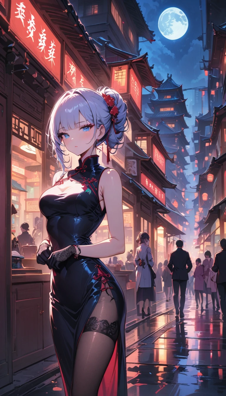 masterpiece, the best, night, full moon, 1 adult woman, Chinese Architecture, cheongsam, China costume, Royal sister, cold face, Poker face, woman with long silver hair, light pink lips, fishnet stockings, calm, intellectuals, Three bangs, lace gloves, blue eyes, street view, facial details,