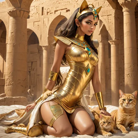 arabian woman in golden dress with cat ears and gold chalk, egyptian cat goddess, bed, egyptian princess, egyptian, persian quee...