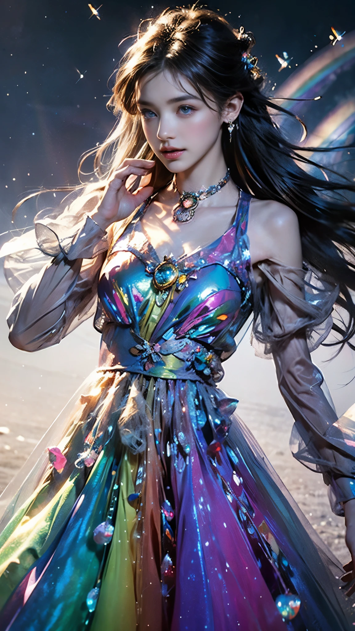 8K, ultra hd, masterpiece, 1 girl, (good face:1.4), detailed eyes, very long hair, impressive hairstyle, earings, necklace, small breasts, (rainbow dress:1.5), see-through, (fantasy dress:1.5) Light-colored foundation brings out the transparency of the skin, (in the wonderland:1.5), mystery, diwali lights, glowing lights, very decoration, The lights falls like water, perfect front body,