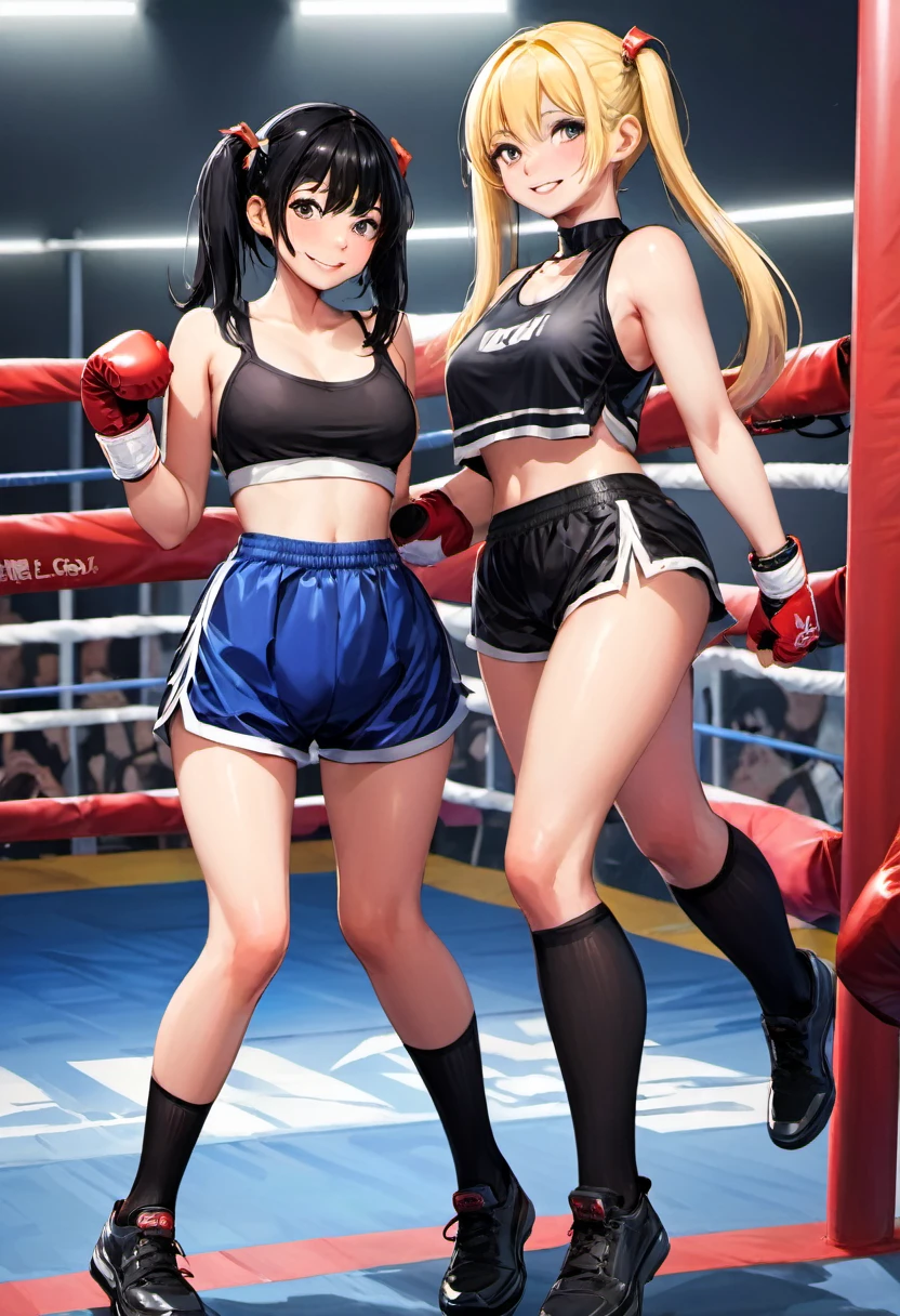 Cici（Japanese）Black hair semi-short cut、A bright, stylish 24-year-old、Gemini（American）Has long blonde hair、A 28-year-old with a nice figure、The two faced off in boxing、Dress code: tank top and shorts。Two people wearing boxing gloves、Looking towards me and smiling