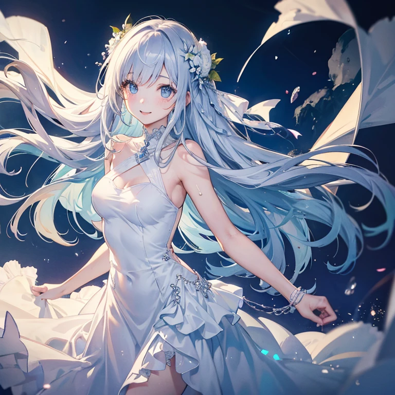 white、Ocean、droopy eyes、Brown eyeballs on face、smile、23 year old female、woman wearing one piece、long hair girl、((long hair girl))、Girl with bangs、detailed face、clean face、((best image quality))、mole、bouquet、bride、Mermaid Dress.silver hair、light blue eyes、heroine、blush