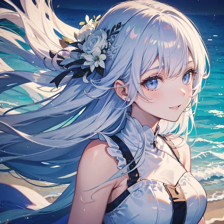 white、Ocean、droopy eyes、Brown eyeballs on face、smile、23 year old female、woman wearing one piece、long hair girl、((long hair girl))、Girl with bangs、detailed face、clean face、((best image quality))、mole、bouquet、bride、Mermaid Dress.silver hair、light blue eyes、heroine、blush