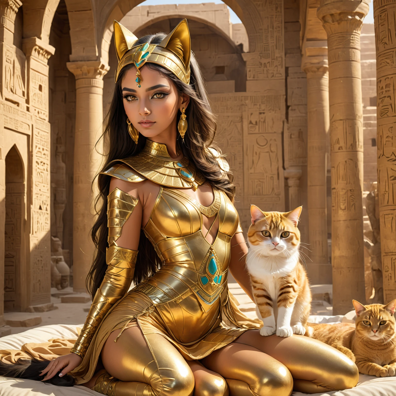 Mulher árabe em vestido dourado com orelhas de gato e giz dourado, egípcio cat goddess, cama, egípcio princess, egípcio, rainha persa, vestindo armadura de gato dourada, CGsociety - W 1 0 2 4 - N 8 - I, android girl in egípcio ruins, maravilhoso, linda Cleópatra, Tendências da Sociedade CG, sociedade cg 8k