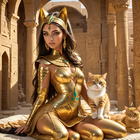 Arabian woman in golden dress with cat ears and gold chalk, Egyptian cat goddess, Bed, Egyptian princess, Egyptian, persian quee...