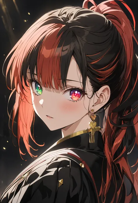 1girl, multicolored hair, black hair, red hair, bangs, ponytail, heart-shaped pupils, multicolored eyes, heterochromia, red eyes, greeneyes, anime, anime style, masterpiece, high details, high quality, award winning, best quality, highres