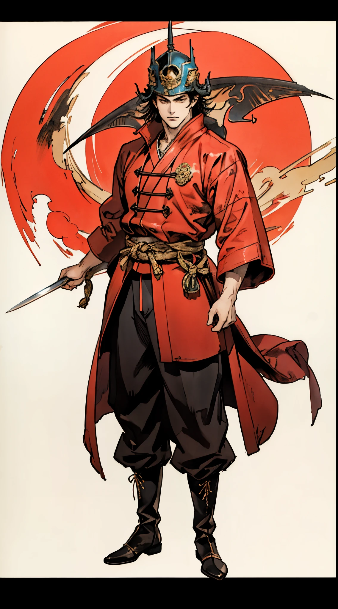 Schwarzhaariger junger Mann mit Helm, spitze Augenbrauen, Sternaugen, Verströmt eine Aura der Gerechtigkeit, Zweiteiliges Fantasy-Kostüm im Martial-Arts-Stil, Mit traditionellen chinesischen Kampfkunstroben, Weiter Mantel, fließende Ärmel, Rot、hauptsächlich weiß, Als Hilfsfarbe, passende Hose, robuste Stoffstiefel, Figur stehend mit Messer，coole pose, Dieser Charakter verkörpert einen aufwendigen chinesischen Kampfkunsthelden im Anime-Fantasy-Stil., Gekennzeichnet durch einen anspruchsvollen und ausgereiften Comic-Illustrationsstil, Ganzkörper-Figurenbemalung, HD, beste Qualität, Hohe Auflösung, Super detailliert, Ultrafeine Beschichtung, Äußerst raffiniert, Fachmann, anatomisch korrekt, symmetrisches Gesicht, extrem detaillierte Augen und Gesicht, Hochwertige Augen, Kreativität, Originalfoto, 超HD, 8K, Natürliches Licht, Filmbeleuchtung, Meisterwerk:1.5