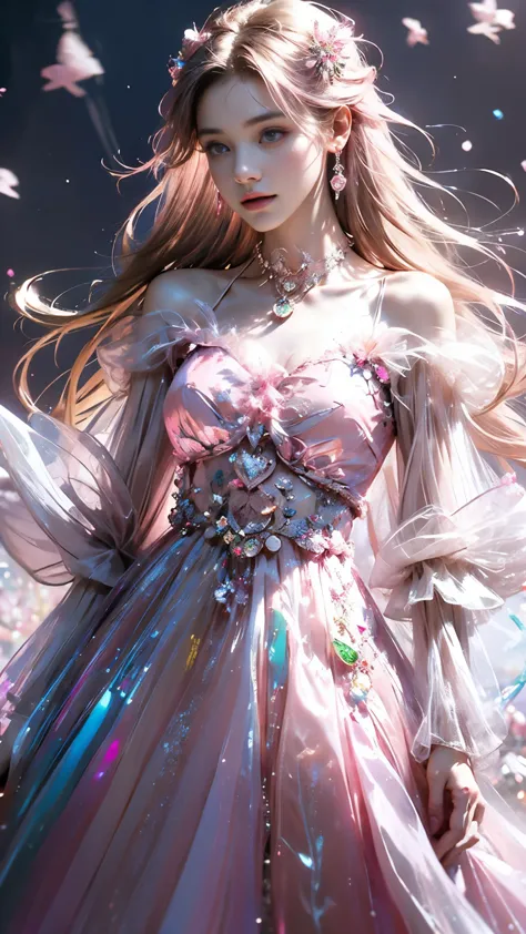 8K, ultra hd, masterpiece, 1 girl, (good face:1.4), detailed eyes, very long hair, impressive hairstyle, earings, necklace, small breasts, (pink dress:1.5), see-through, (fantasy dress:1.5) Light-colored foundation brings out the transparency of the skin, ...