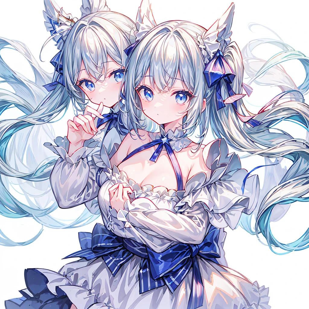 Star Fairy、((masterpiece)), ((best quality)), ((ultra detailed)), cute girl, Gray hair, beautiful blue eyes, maid costume, ribbons, angel wing, 🤍, ((simple white background))