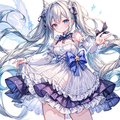 star fairy、((masterpiece)), ((best quality)), ((ultra detailed)), cute girl, gray hair, beautiful blue eyes, maid costume, ribbo...