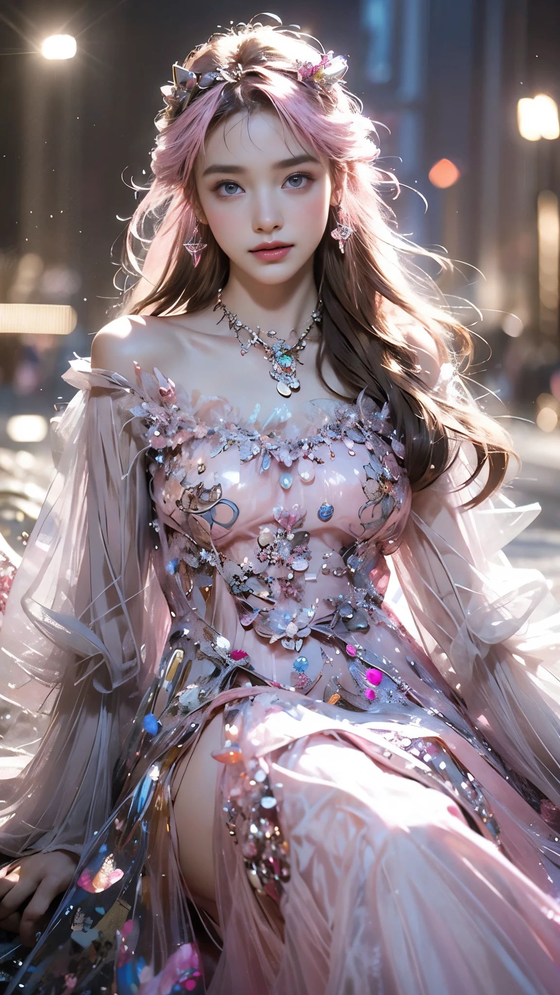 8K, ultra hd, masterpiece, 1 girl, (good face:1.4), detailed eyes, very long hair, impressive hairstyle, earings, necklace, small breasts, (pink dress:1.5), see-through, (fantasy dress:1.5) Light-colored foundation brings out the transparency of the skin, (in the wonderland:1.5), mystery, diwali lights, glowing lights, very decoration, The lights falls like water, perfect front body, sitting,