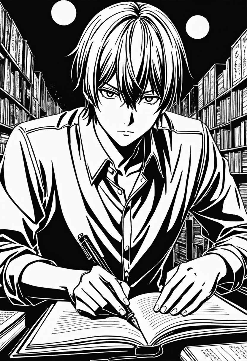 1boy, Light Yagami, Death Note, A brilliant student who acquires a supernatural notebook that allows him to kill anyone whose name he writes in it, leading him down a twisted path of playing god, (masterpiece), (best quality), (ultra-detailed), very aesthetic, illustration, disheveled hair, perfect composition, moist skin, intricate details, anime artwork, anime style, key visual, vibrant, studio anime, highly detailed, Anime line art, lineart, line art, flat colors, flat color