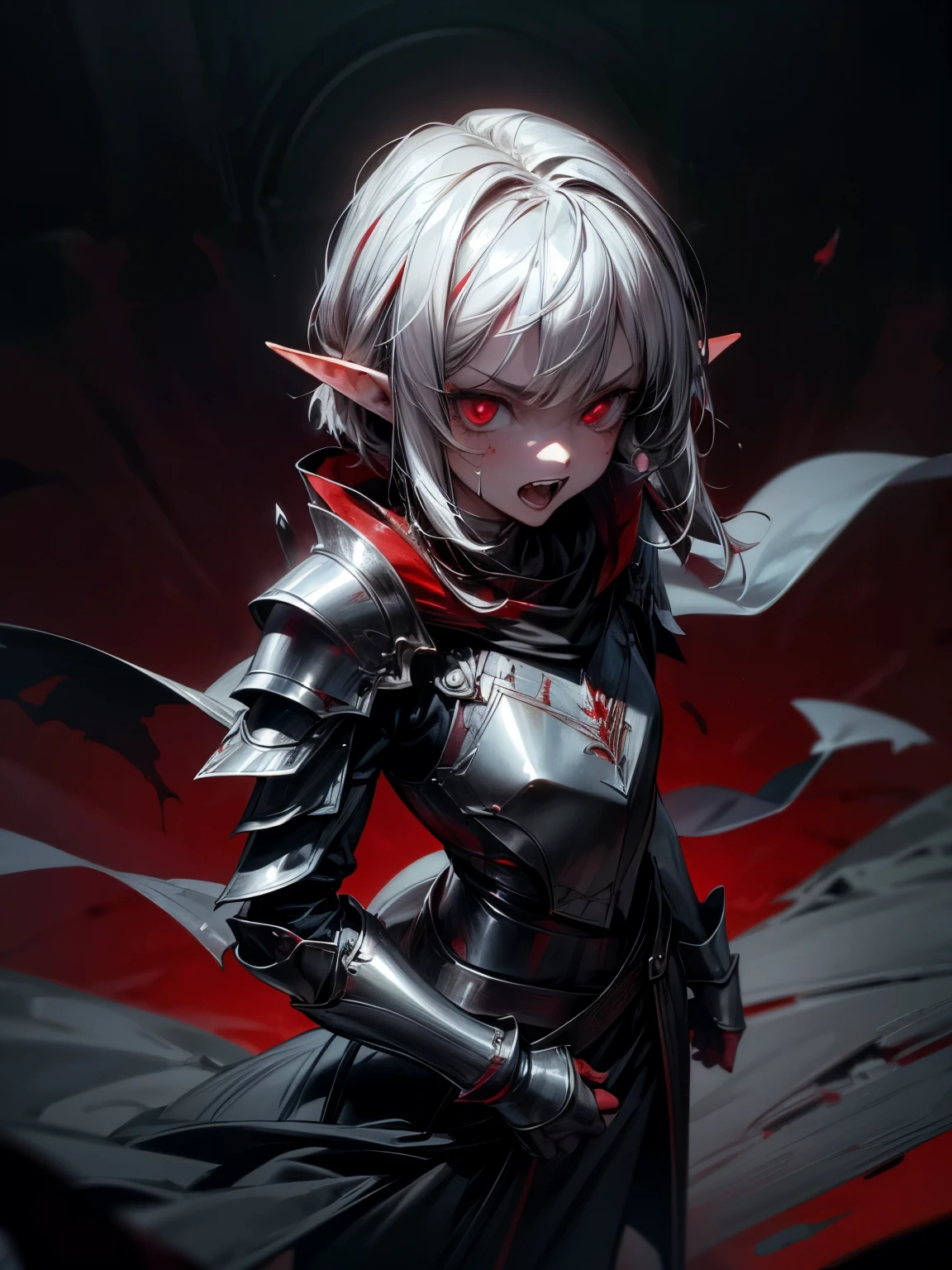 ((Best Quality, 8K, Masterpiece)), ((1woman, petite)), blood on face, flat color, limited palette, Perfectly Cute Girl, Delicate and smooth skin, Realistic skin, Perfect Beautiful Face, Perfect and Cute Face, (POV POV, View from above), short messy white hair, elf ears, sharp fangs, angry, open mouth, shouting, glowing eyes, assassin's metallic armor, cowl, black shawl, fully clothed, dark aura, dynamic pose, fighting stance, black and red, two tone, dark hue, red hue, high contrast, dark lighting