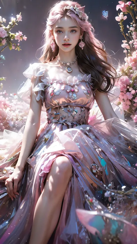 8K, ultra hd, masterpiece, 1 girl, (good face:1.4), detailed eyes, very long hair, impressive hairstyle, earings, necklace, small breasts, (pink dress:1.5), see-through, (fantasy dress:1.5) Light-colored foundation brings out the transparency of the skin, ...