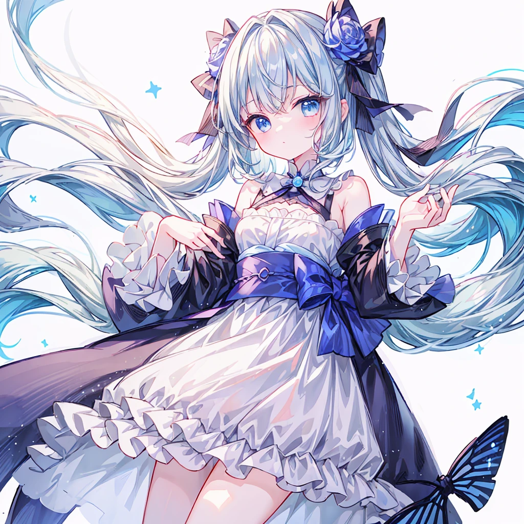 Star Fairy、((masterpiece))、((highest quality))、((Super fine))、pretty girl、gray hair、beautiful blue eyes、Kimono Goth 、ribbon、Angel&#39;s wing、🤍、((simple white background))、☆、