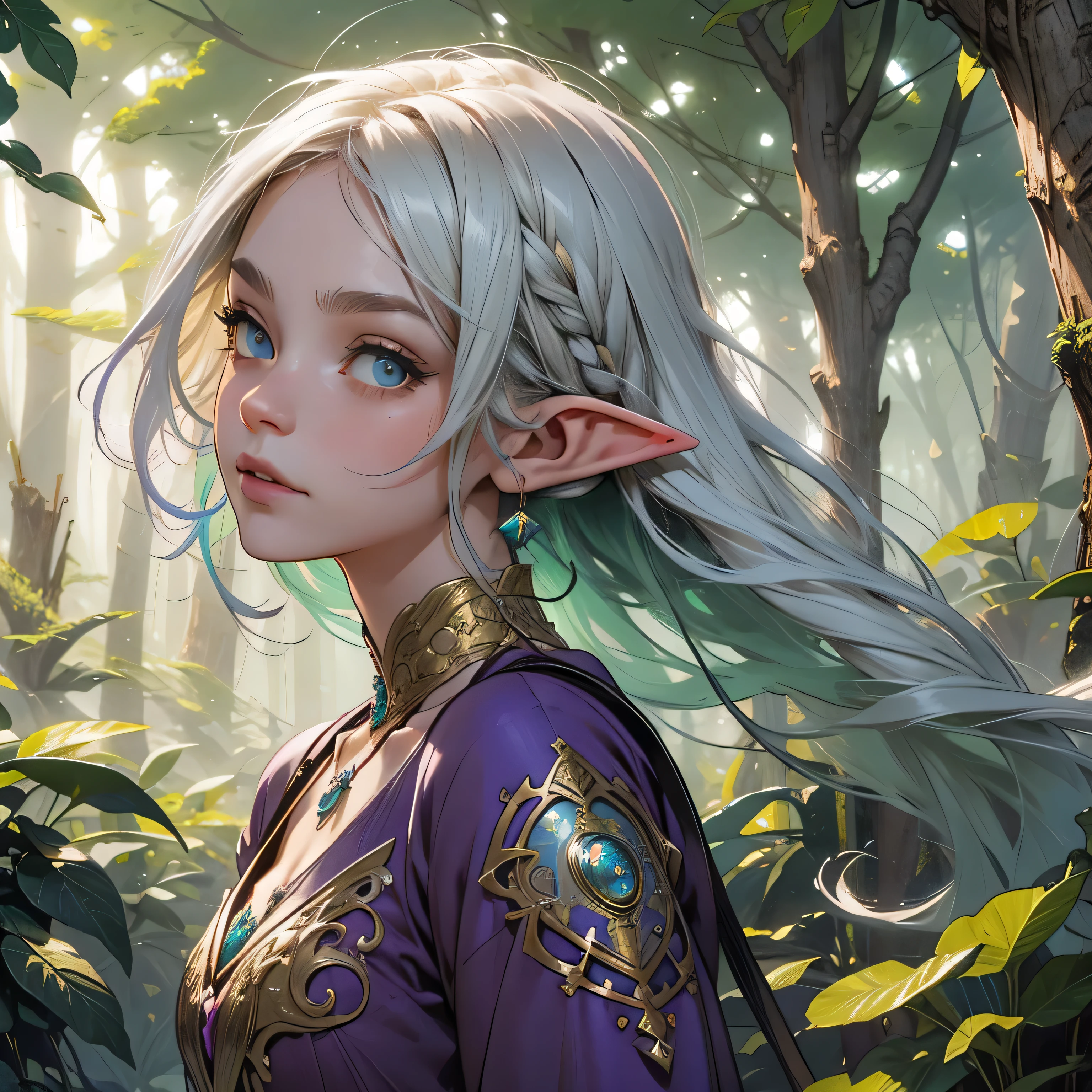 elf girl, concept art, 8k intricate details, surreal fairytale style, head tilt, oversized detailed {purple|green|blue|hazel|} eyes, looking down, seductive, textured hair, simple forest background, soft muted pastel colored pencil illustration, intricate gold filigree necklace, from side, multicolored white hair, wispy curled hair, style of Carne Griffiths, (unfinished sketch), smudged edges