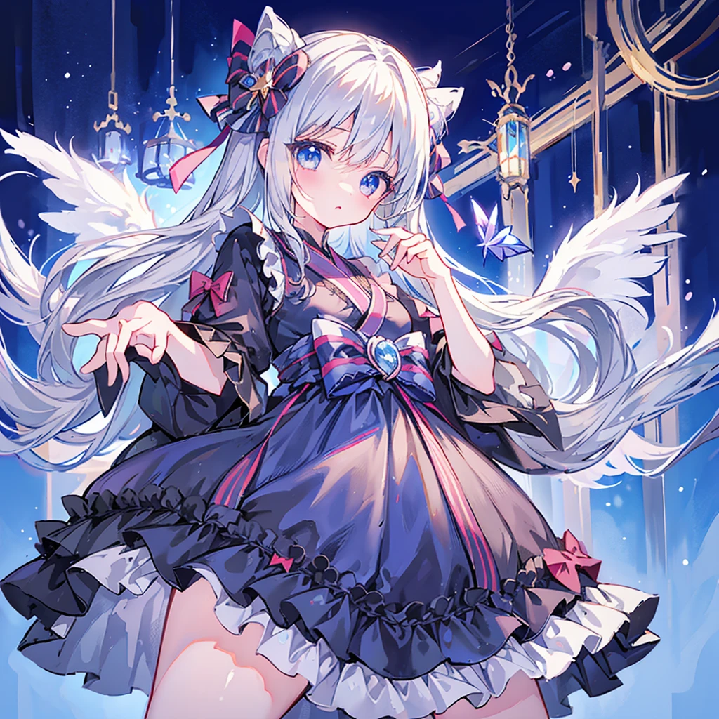 Star Fairy、((masterpiece))、((highest quality))、((Super fine))、pretty girl、gray hair、beautiful blue eyes、Kimono Goth 、ribbon、Angel&#39;s wing、🤍、((simple white background))、☆、