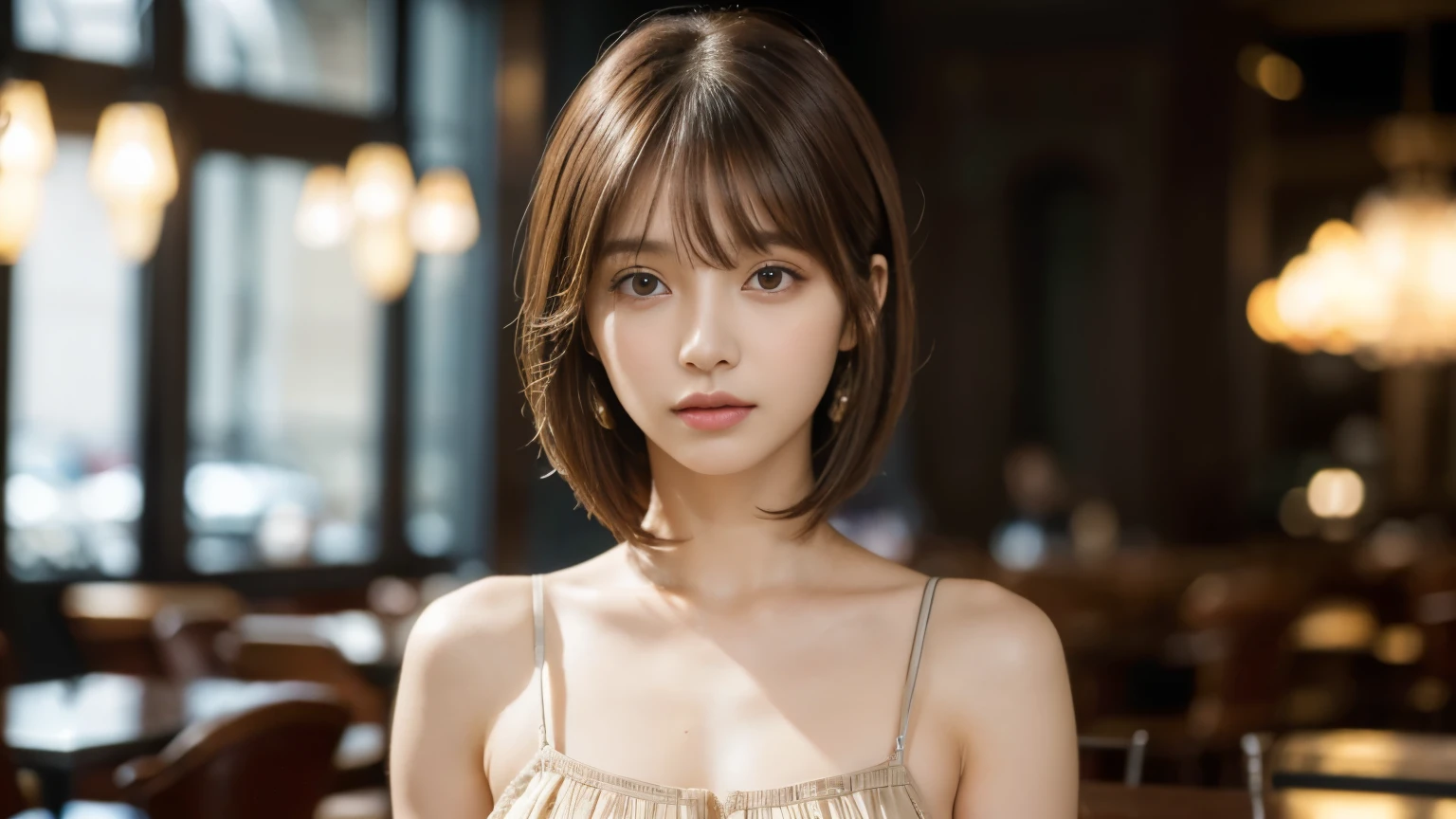 (masterpiece, super detailed, very detailed, exquisite, 16k, disorganized), woman, 19 years old, glamorous, (Suppin breeze:1.4), looking at the viewer, short hair, messy hair, diagonal bangs, brown hair, brown eyes, Upper body, cinematic lighting, Blurry background in focus, Inside a stylish cafe, Urban Cafe 