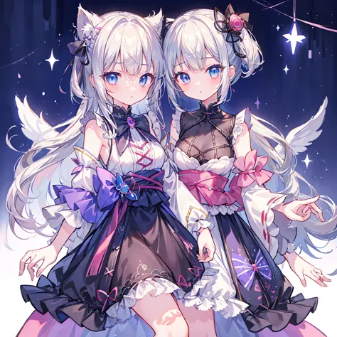 vtuber-fullbody、star fairy、((masterpiece))、((highest quality))、((super fine))、pretty girl、gray hair、beautiful blue eyes、kimono g...