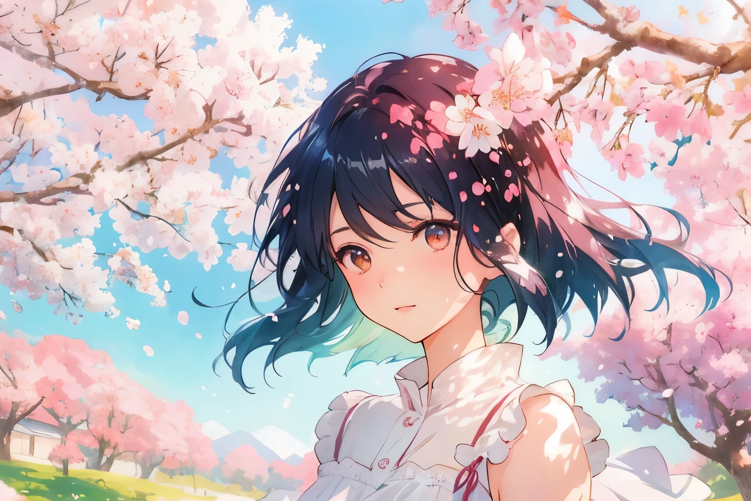 Create exquisite illustrations reminiscent of Makoto Shinkai's style, It has ultra-fine details and top-notch quality. Generate a high-quality illustration depicting a scene of spring where cherry blossoms are being scattered by the wind, with a beautiful girl present whose hair is being tousled by the breeze. Ensure that the overall composition exudes a sense of nostalgia and fantasy, with intricate details capturing the ethereal beauty of the cherry blossoms in bloom. Pay attention to elements such as the delicate petals dancing in the wind, the soft sunlight filtering through the branches, and the serene expression on the girl's face as she experiences the fleeting beauty of the cherry blossom season while her hair flows with the breeze. Aim for a finely crafted artwork that transports viewers to a nostalgic and whimsical springtime scene. best quality, masterpiece