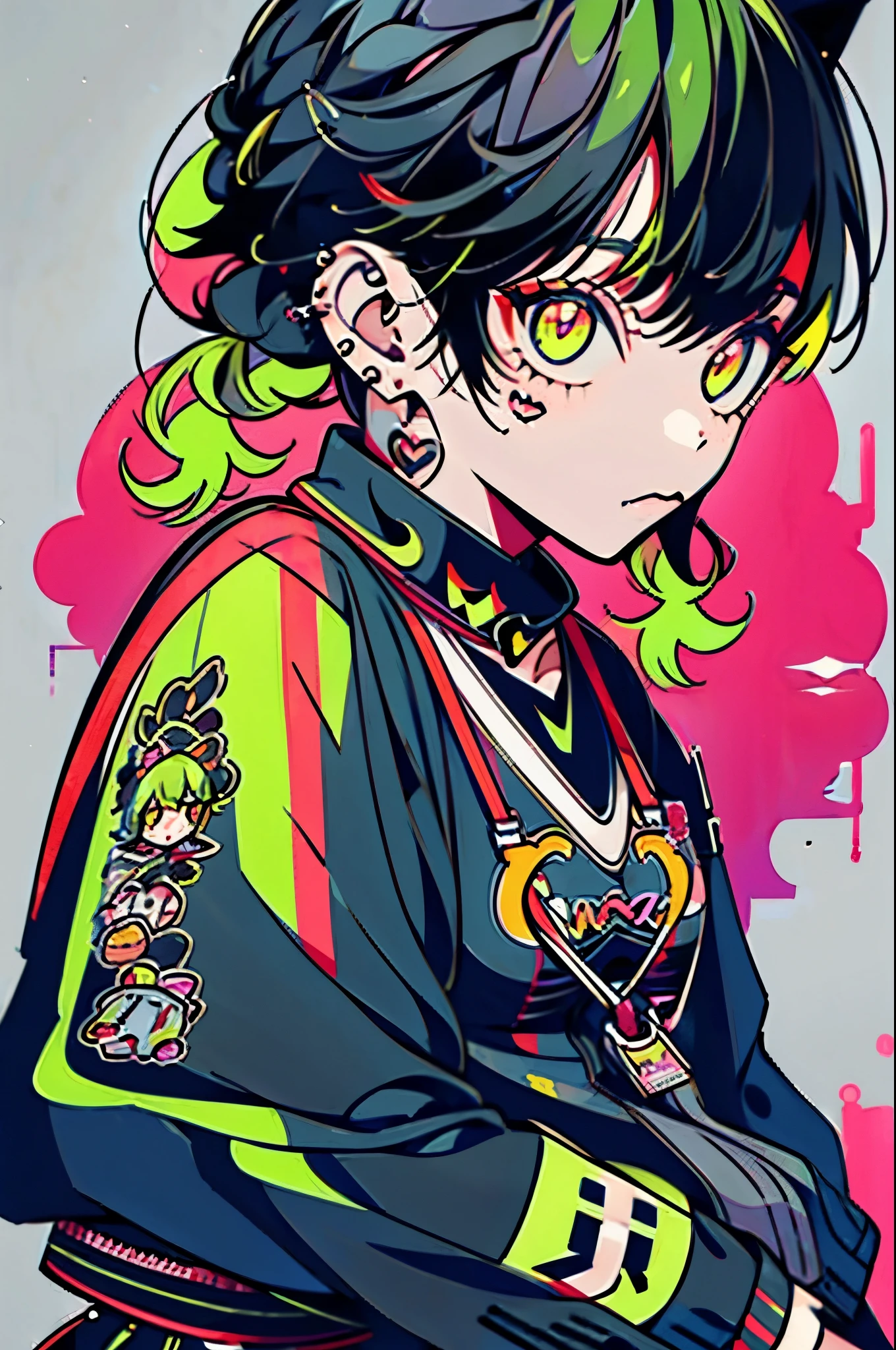 Anime girl with green hair and a black jacket with a pink background -  SeaArt AI