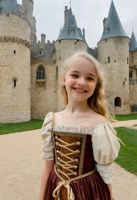 Phone photo, natural look of 5th grade girl, wearing medieval strapless french dress, (arms behind head:1.3), armpits, natural l...