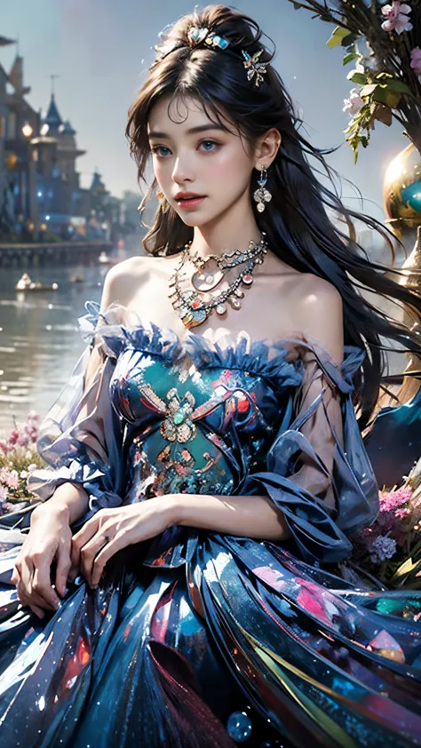 8K, ultra hd, masterpiece, 1 girl, (good face:1.4), detailed eyes, very long hair, impressive hairstyle, earings, necklace, small breasts, (indigo dress:1.5), see-through, (fantasy dress:1.5) Light-colored foundation brings out the transparency of the skin...