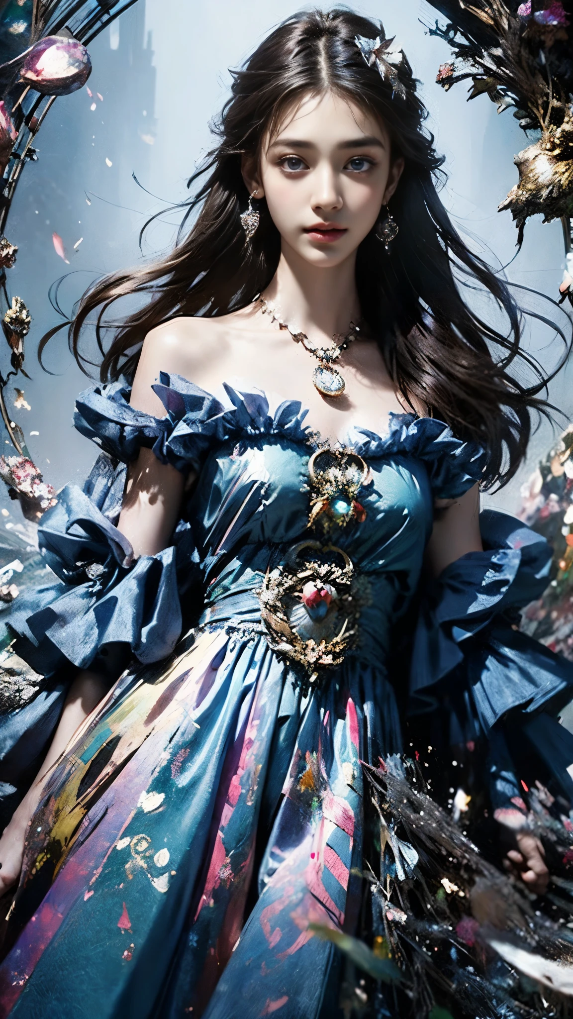 8K, ultra hd, masterpiece, 1 girl, (good face:1.4), detailed eyes, very long hair, impressive hairstyle, earings, necklace, small breasts, (indigo dress:1.5), see-through, (fantasy dress:1.5) Light-colored foundation brings out the transparency of the skin, (in the wonderland:1.5), mystery, diwali lights, glowing lights, very decoration, The lights falls like water, perfect front body,