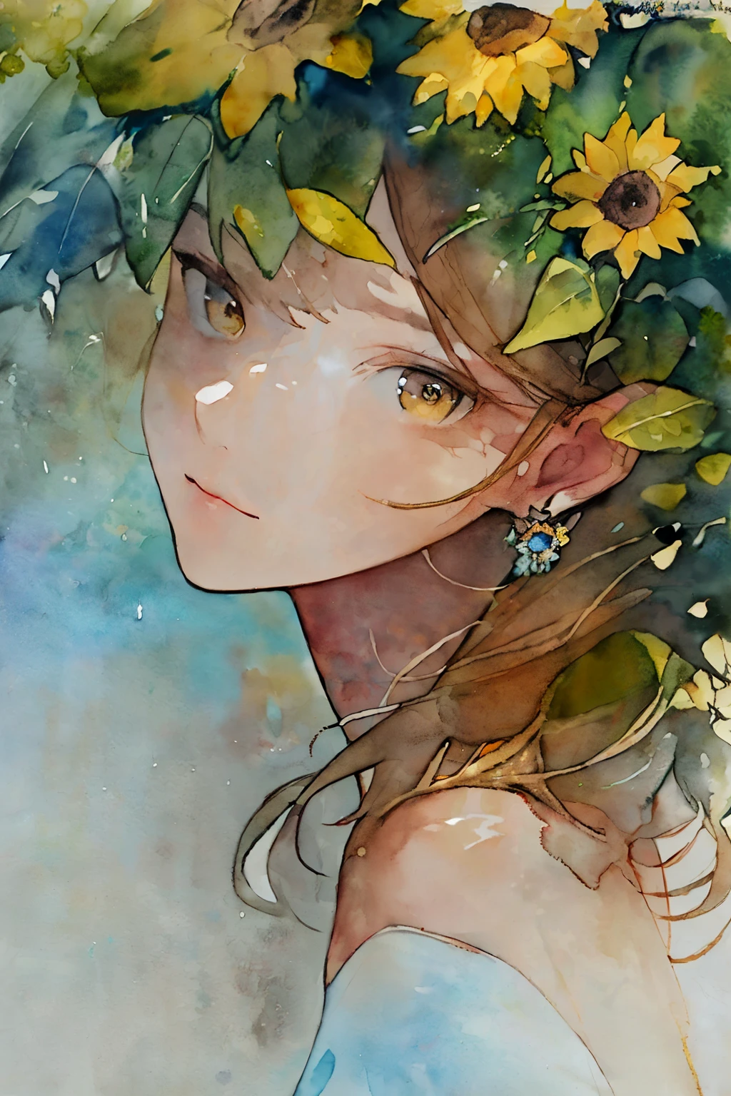 (aquarelle:1.2),1girl in, solo, florals, Sun flower、portraitures, fronds, bangss, signed, yellow flower, brown haired, length hair, verd s eyes, hair between eye, Flower earrings