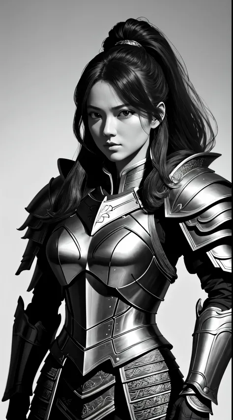 masterpiece, highest level, woman, female general, female warrior, artwork, portrait, full armor, heroic gesture, detailed armor...