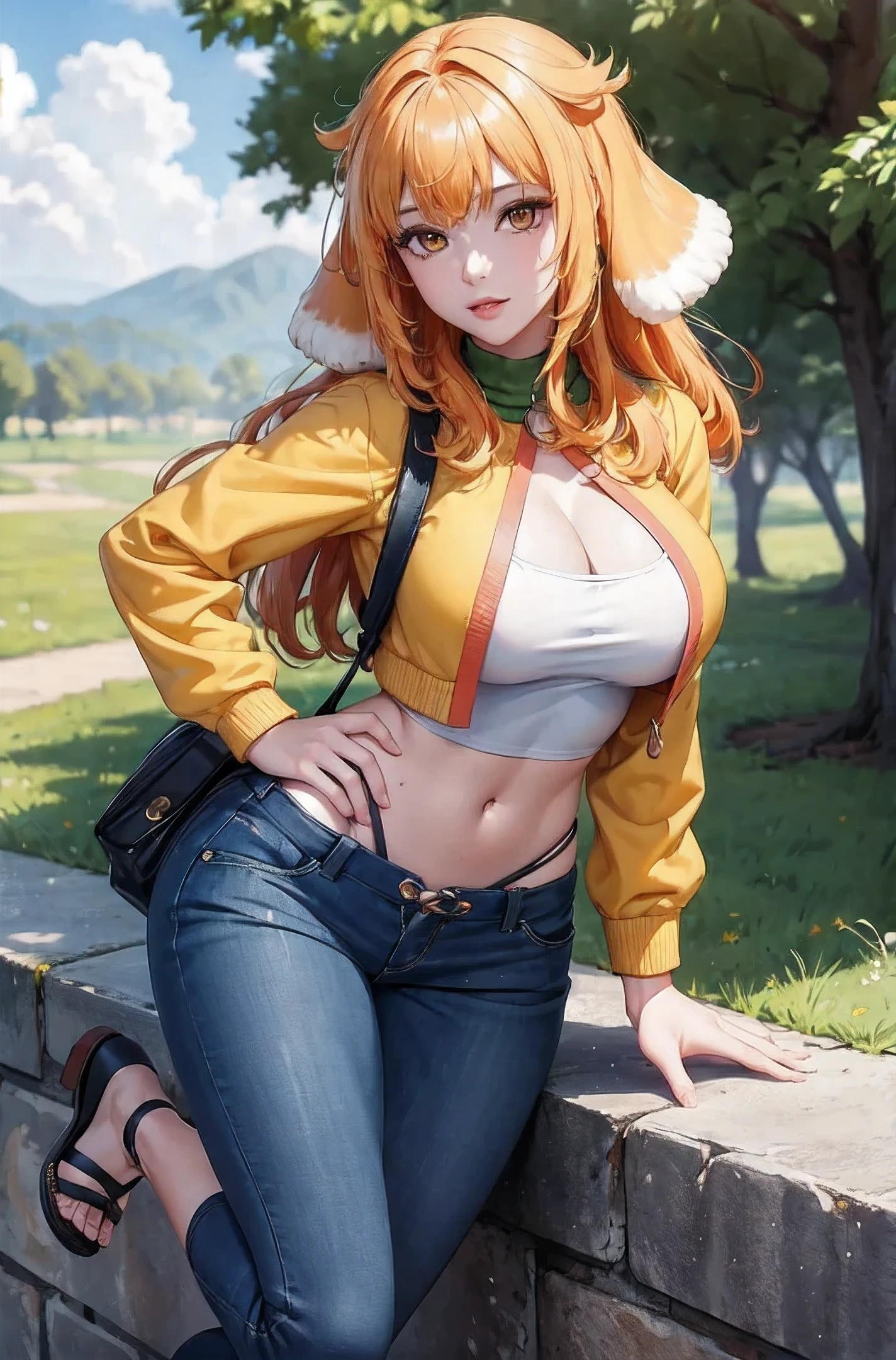 (Masterpiece, Best Quality, High Quality:1.4), professional artwork, well drawn, Intricate Details, field of view,
Roxanne, race background, afternoon, dog ears, (lipstick:0.7), makeup, ultra detail hair, ultra detail face, perfect eyes, perfect face, yellow eyes, Looking at Viewer, flirting, one hand on hip,
Tight green jeans, crop jacket, tight sweater, sandals, [[bag]]