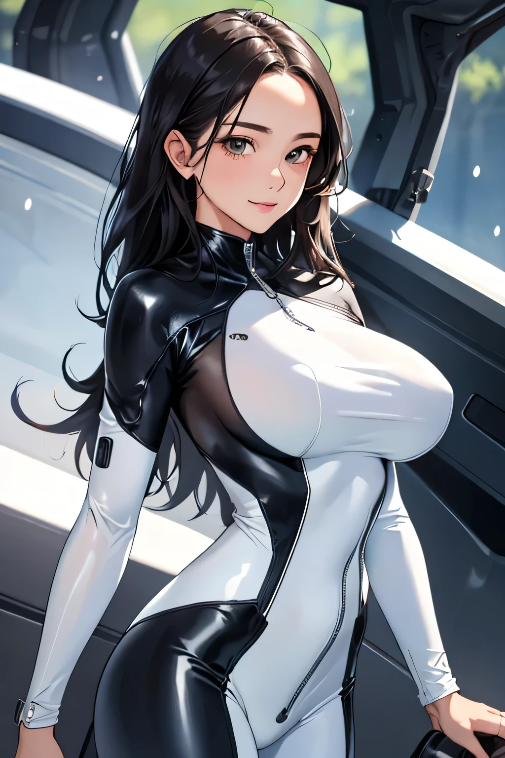 (highest quality:1.4)、High resolution、detailed background、(detailed beautiful face:1.4)、anatomically correct、detailed facial expressions、beautiful and smooth skin、beautiful teenage girl、(huge breasts:1.4)、cute hair color、braided long、realistic、perfect body line、attractive ass、
White thin rubber suit、Zipper fully open and chest flapping、No sleeve、emphasize cleavage、emphasize the nipples、cowboy shot、
A low-angle close-up that emphasizes the lower body、Super close-up shot from directly below、Sexy high leg、Super-detailed rubber suit、show your armpits、Clothes get wet and become transparent、My clothes are wet and transparent、camel toe、Looking at me with a big smile、cute