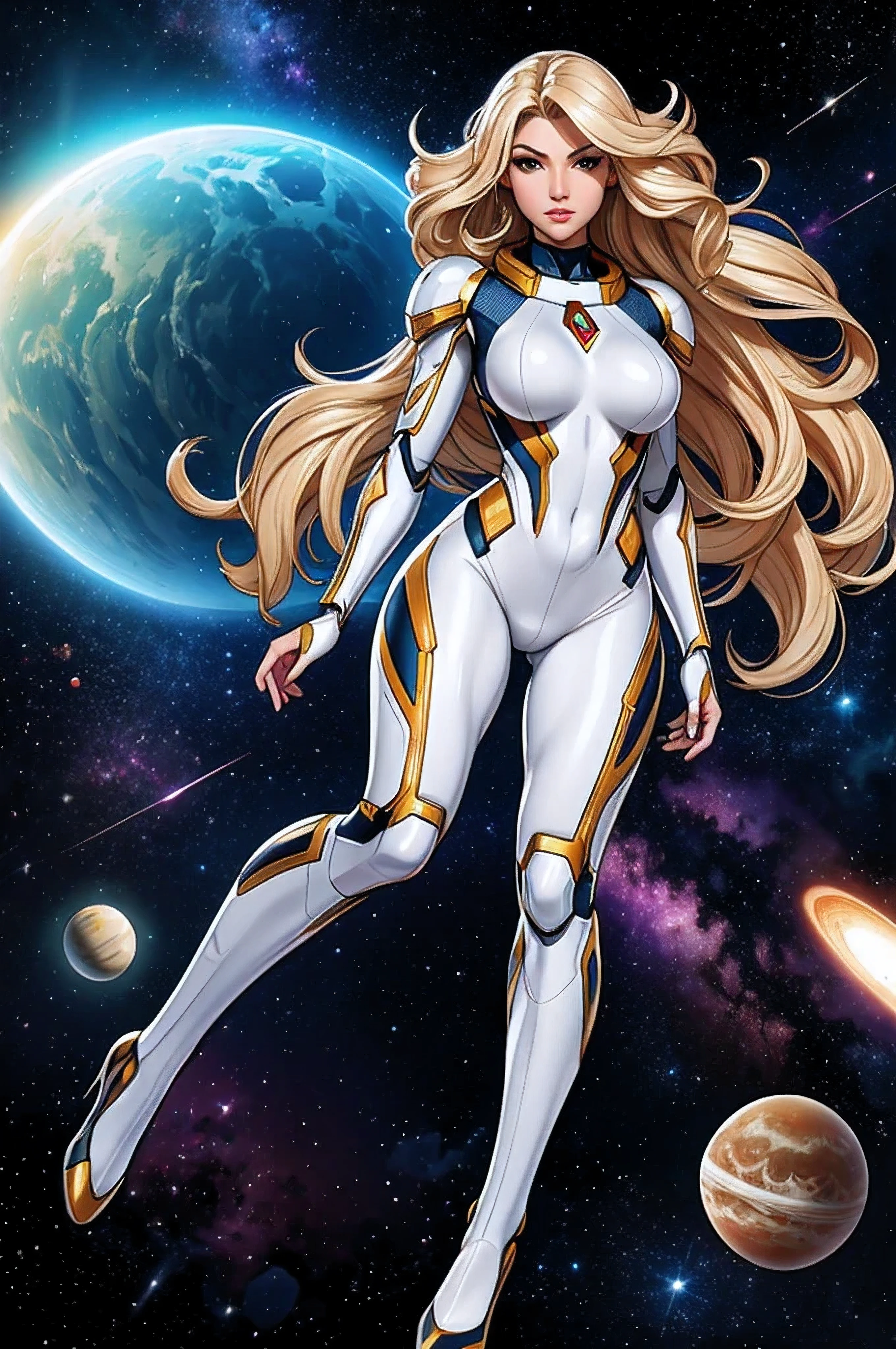 最好的品質, 傑作, 女人太空超級英雄, 漂亮的臉蛋,全身,銀色乳膠套裝上的高科技裝甲, 金色長捲髮,在深空飛行的超級英雄姿勢, 背景中有幾個行星和太陽
